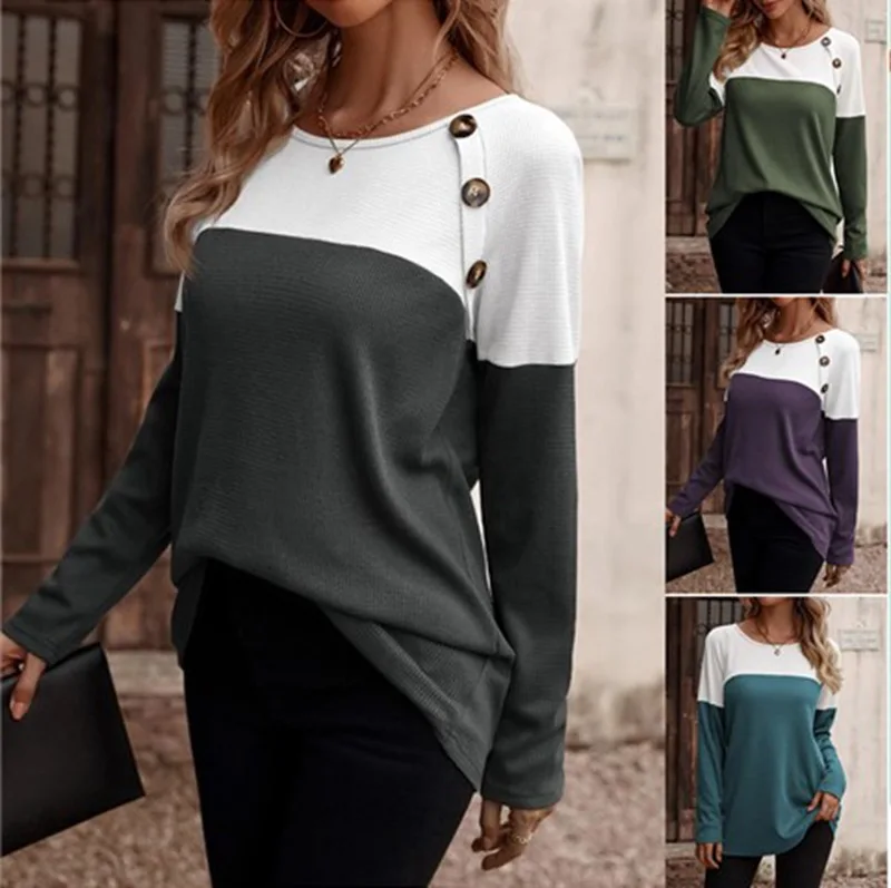 

Elegant Women's Office Fashionable Round Neck Long Sleeved Autumn And Winter New Color Blocked T-shirt 2024