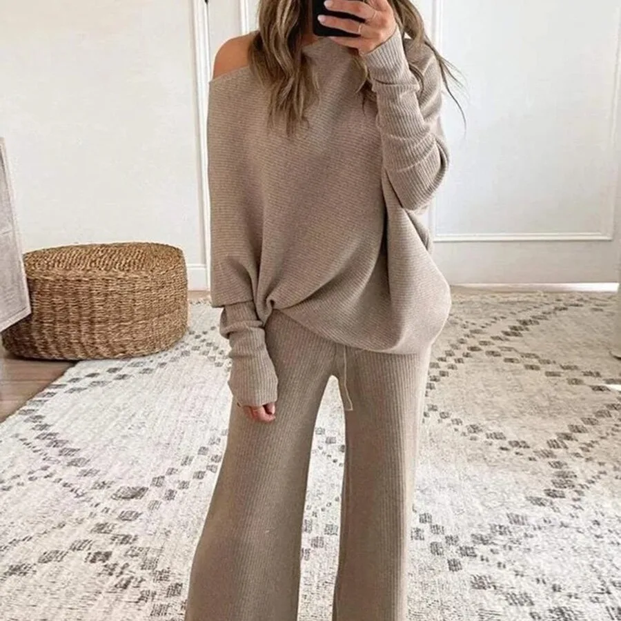 Spring Summer 2-piece Sets Womens Outifits Solid O-neck Long Sleeve Top and Wide Leg Pants Set Casual Outfit Women Top Trousers