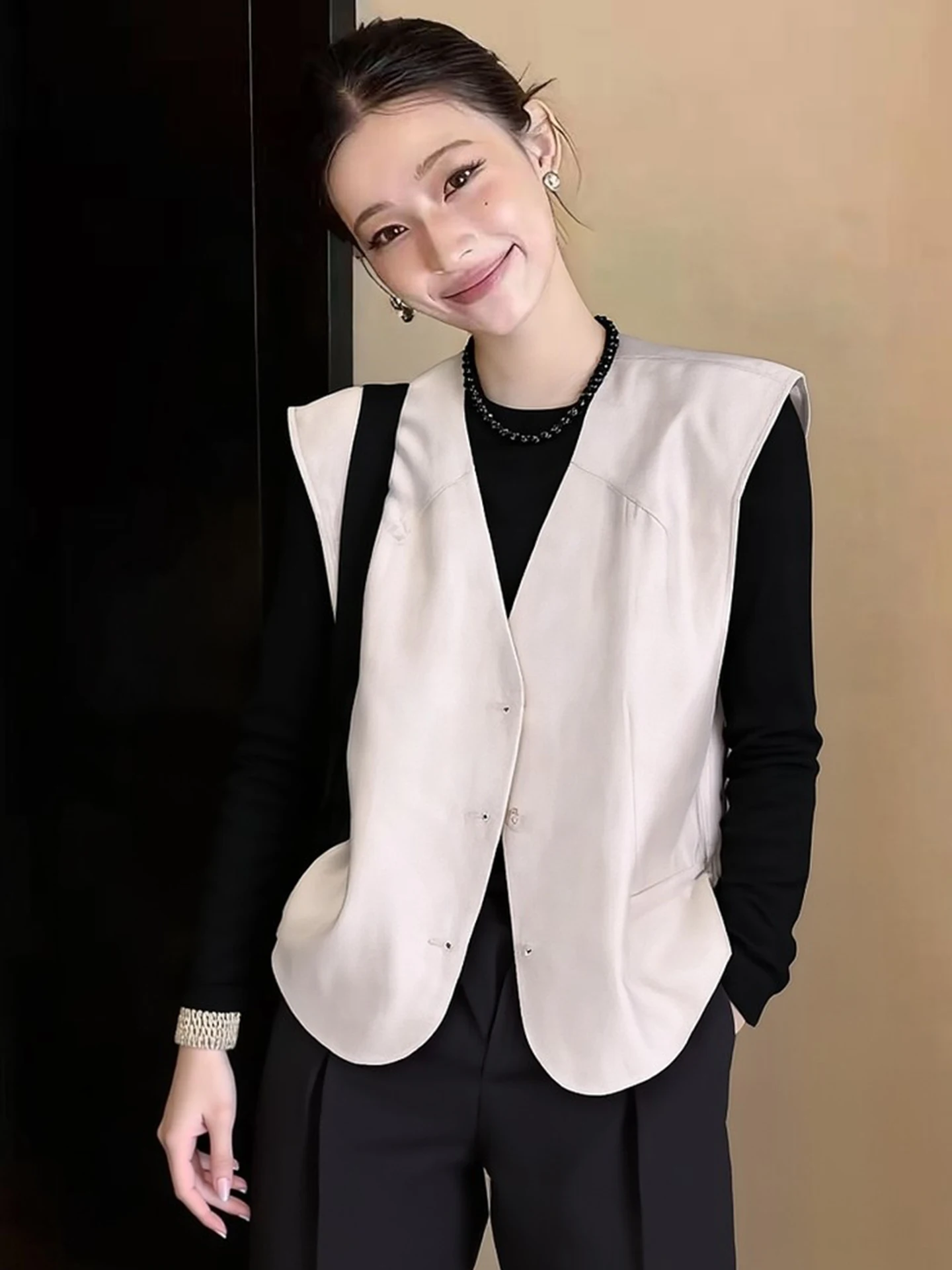 

Ele V-Ne Pure Color Women's Jaet Single Button Sli Outerwear Commute Silk Top Korean Sle Straight Cut