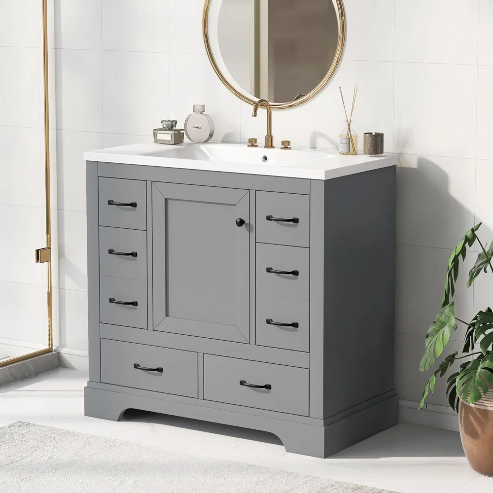 

36" Bathroom Vanity with Sink, with 6 Drawers & One Cabinet with Adjustable Shelf, Bathroom Cabinet with Ceramic Basin