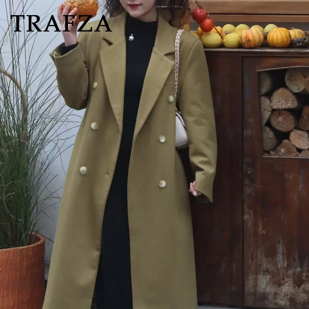 

TRAFZA Vintaege Autumn Fashion 2025 Chic Elegant Woman Long Coats Double Breasted Tailored Collar Outwear Female Loose Chic Coat