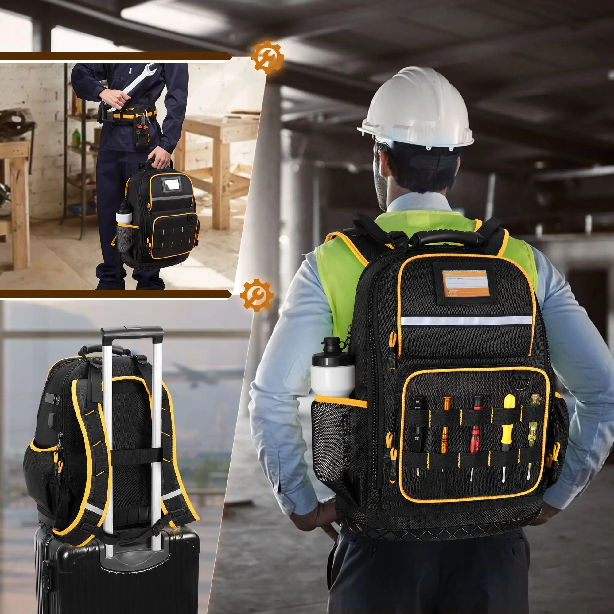 Tool Backpack with Hard Bottom and a Tool Pouch Heavy Duty Tool Bag with Multiple Pockets and Laptop Sleeve ﻿