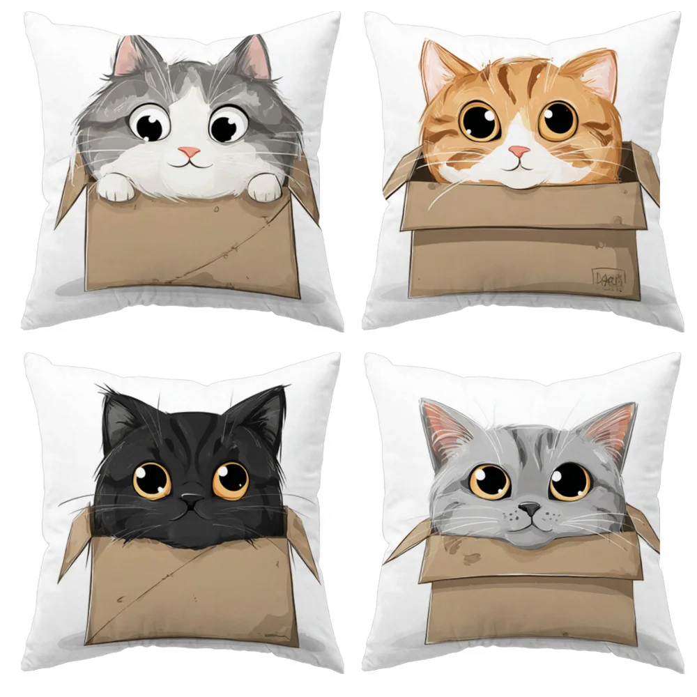 4 Pillow Covers Cute Cat Theme Home Decor Suitable For Any Occasion Featuring Adorable Cats Peeking Out From Boxes