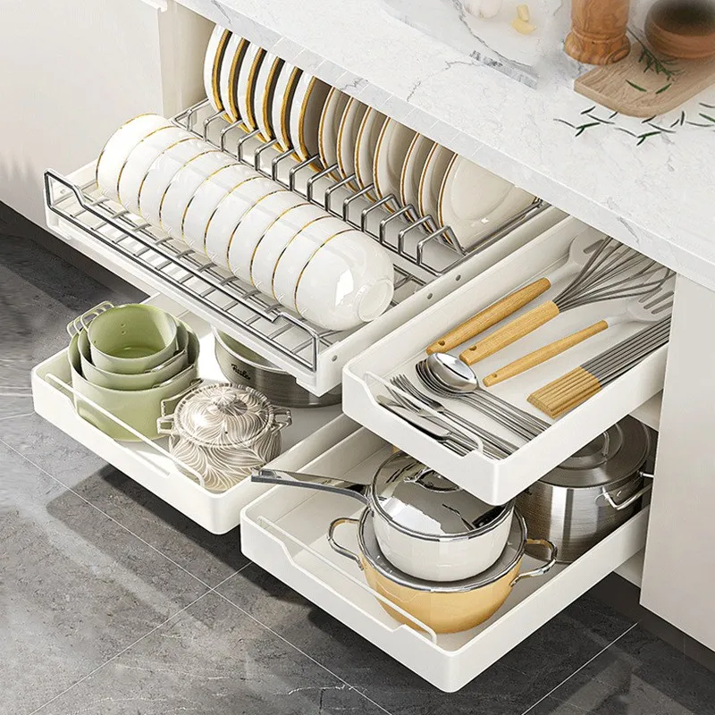 Kitchen Storage Rack Holder Large Capacity Durable Drawer Type Cabinet Built-in Drawer Organizer Dish Rack Storage For Kitchen