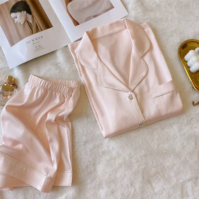 

Summer New Women's Ice Silk Pajamas Homewear Set Girls Thin Models of Foreign-Style High Value Short-Sleeved Pajamas Homewear Se