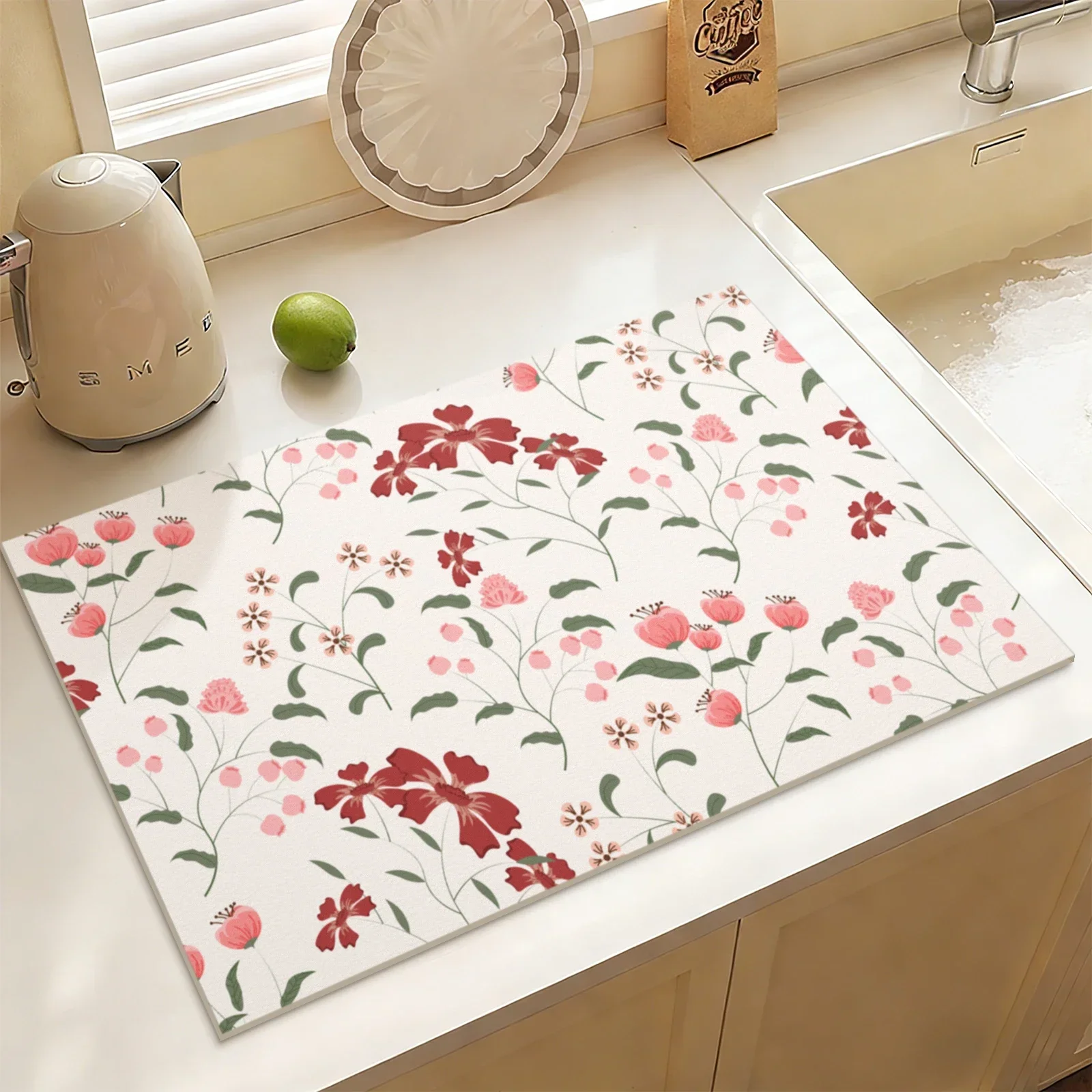 Floral Dish Drying Mat Coffee Mat Super Absorbent Dish Drying Pad Kitchen Mat Coffee Machine Pad