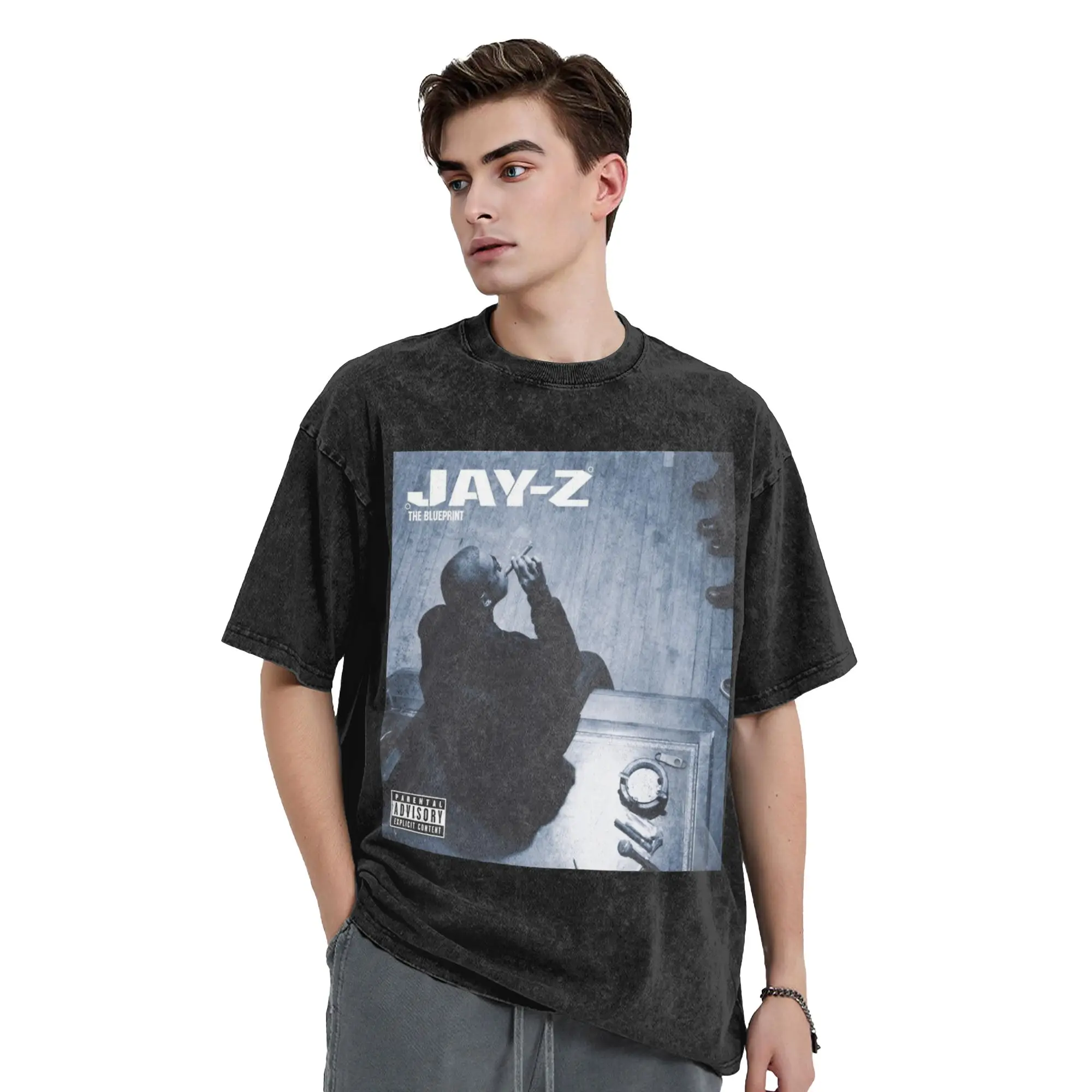 Washed T Shirts Jay Z The Blueprint Album Cover Hip Hop Retro T-Shirts Street Streetwear Graphic Printed Tops Tees for Men Women