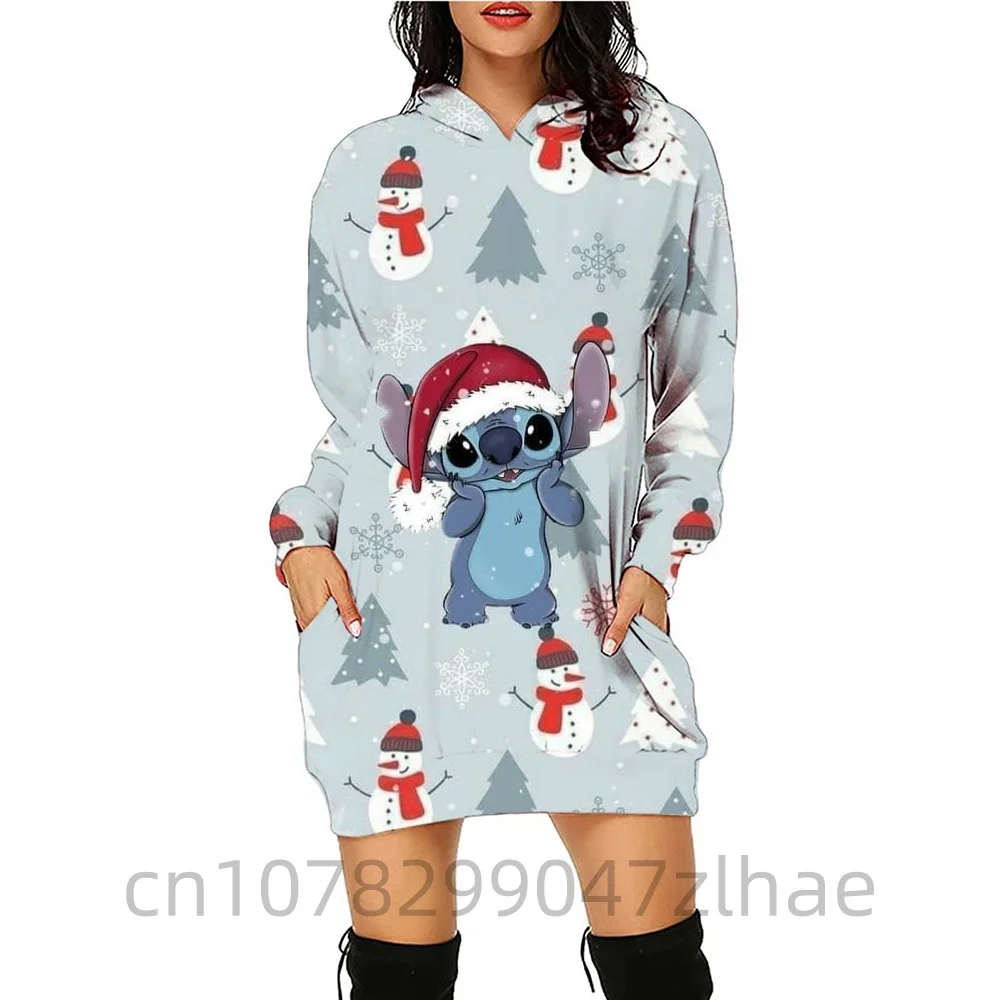 Disney Stitch Kawaii Women's Hoodies Dress Ladies Fashion High Quality Streetwear Youthful Woman Christmas Clothes Pullover