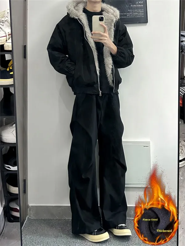 

American Sle Bla Fce Lined Flared Men's Winter Trousers Pleated Knife Work Pants Drapey Straight Leg Wide Leg Pants