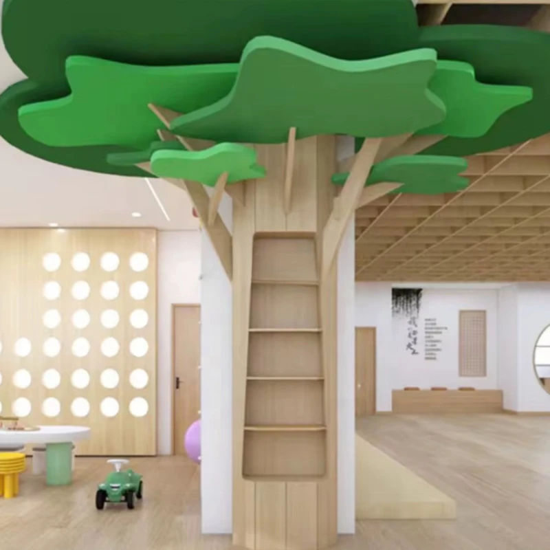 Creative Library Kindergarten Daycare Preschool Nursery Tree Shaped Floor Decoration Bookshelf And Stool Furniture