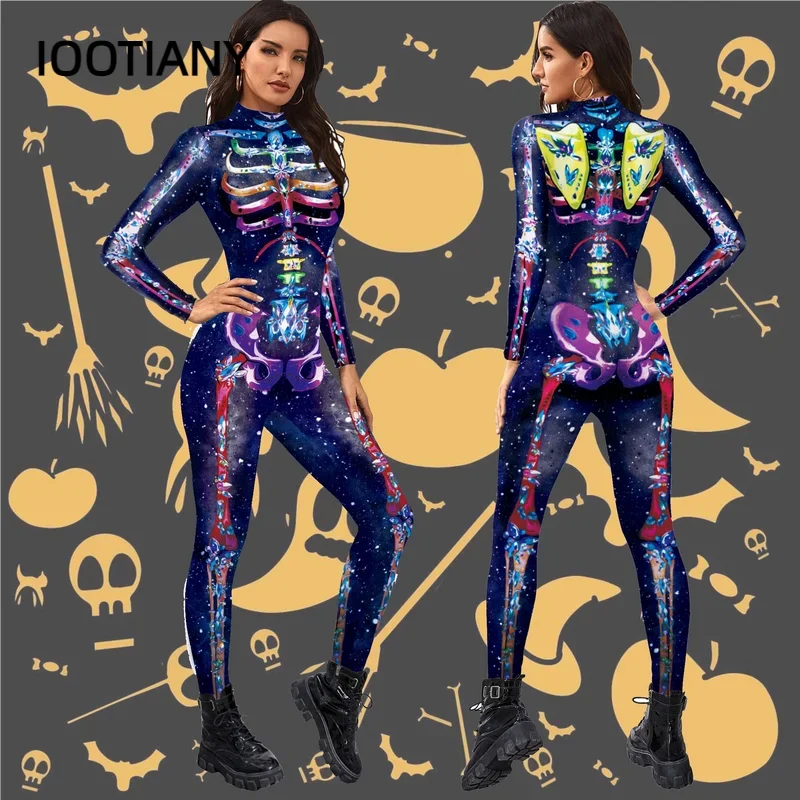 

CosplayIootiany Horror Purple Skull Print Bodysuit Day Of The Dead Halloween Party Role Playing Set Adult Bodysuit Carnival Cost