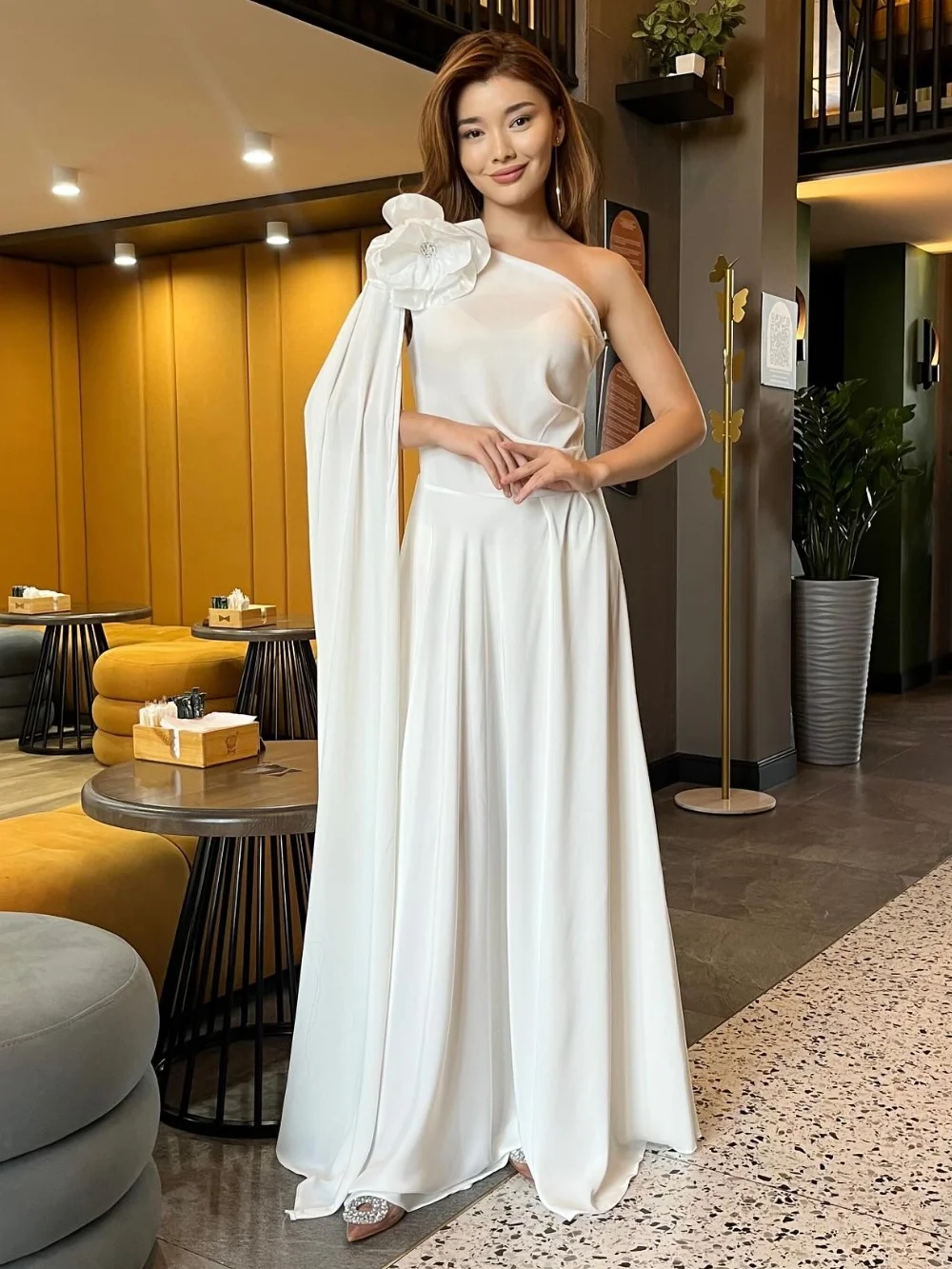 

Customized Unisex Jersey Pleat Flower A-line One-shoulder Long Dresses Prom Dresses Chinese Style Formal Casual Simple Retro Fas