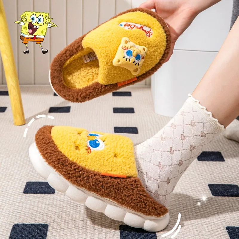 Женские и мужские замшевые домашние тапочки SpongeBob, нечеткие тапочки без шнуровки с подкладкой из искусственного меха, домашняя уличная домашняя обувь
