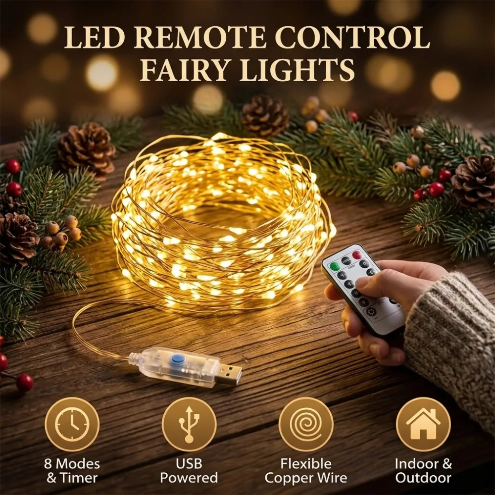 USB Copper Wire Lights Remote Control 8 Modes Warm White for Christmas Weddings Parties Homes Windows Balconies Tables Decors