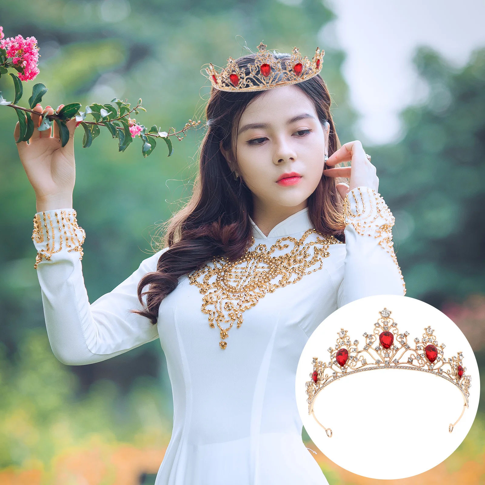 

15x15cm Red Rhinestone Crown Headwear Vintage Sparkling Queen Bridal Party Pageant for Women Girls Crown Headwear