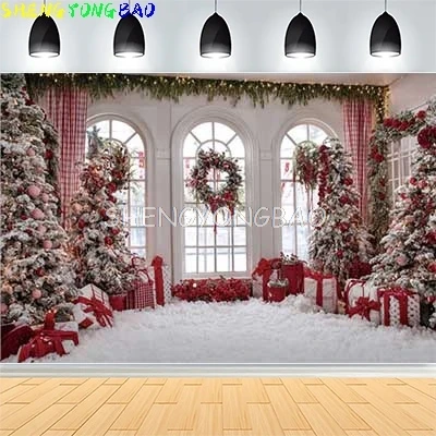 

Christmas Day New Year Party Photography Backdrops Prop Window Living Room Interior Xmas Tree Snow Theme Photo Background FN-05
