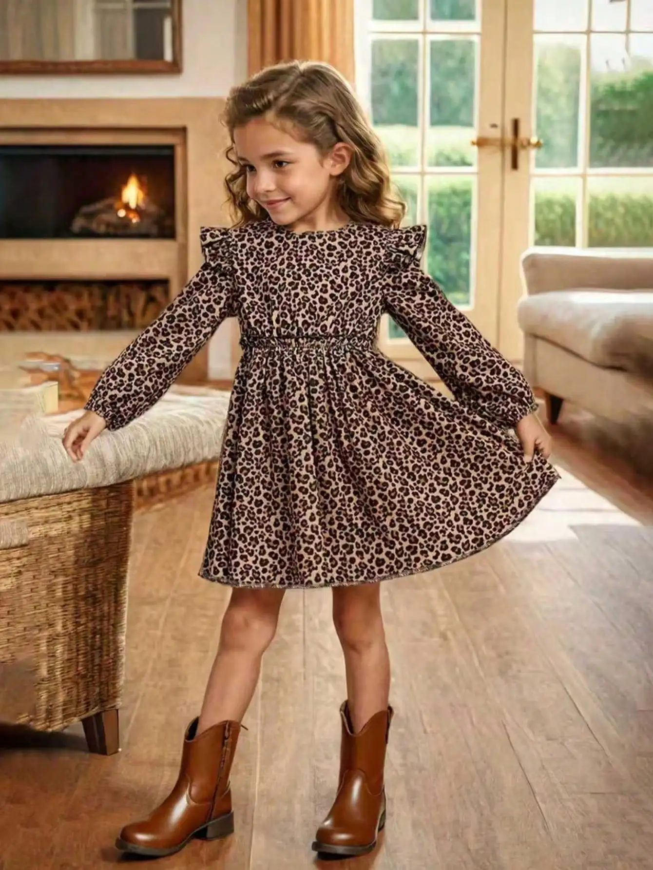 Elegant four season leopard print long sleeved ruffle edge dress for girls, slim knit fabric with flared ruffle edge details
