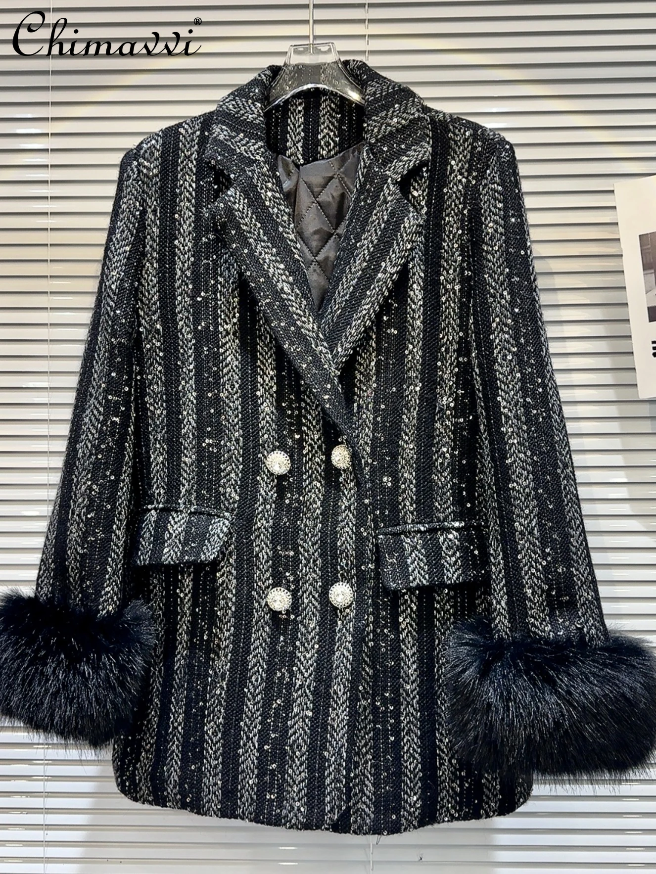 

Blazers 2023 Winter New High-End Furry Cuff Hot Drilling Tweed Puffer Jacket Fashion Loose-Fit Long Sleeves Elegant Suit Coat