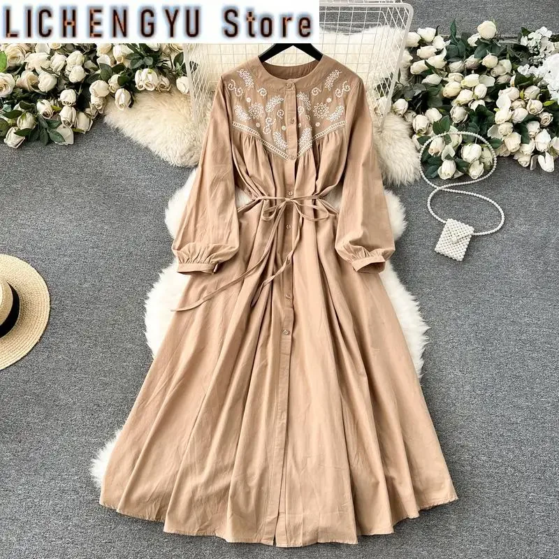 

New Long-sleeve Embroidery Contrast Color High Waist Vestidos Bohemian Sweet Style Women's Dress Winter Spring