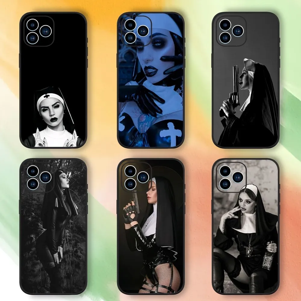 Sister Style Nun Sexy Girl Phone Case For iPhone 15,14,13,12,11,XS,XR,X,8,7,Pro,Max,Plus,mini Black Silicone Shell Cover