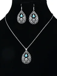 Vintage Turquoises Earrings for Women Jewelry Boho Silver Color Alloy Blue Stone Flower Carved Drop Earrings
