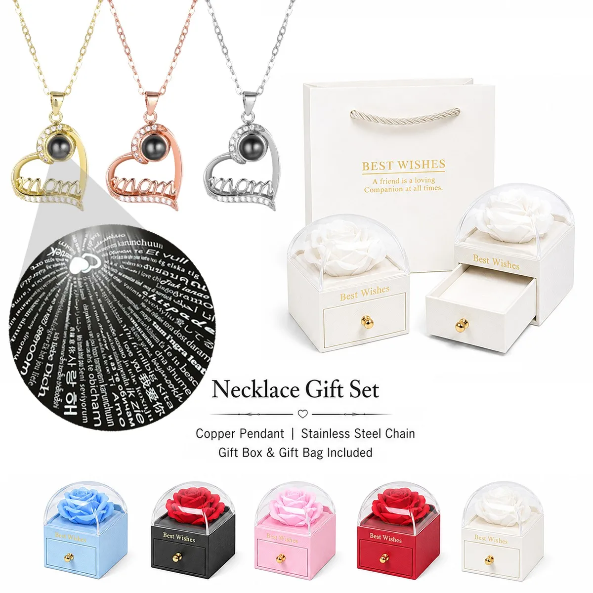 100 Languages Projection Heart Mom Pendant Necklaces With Rose Gift Box For Women Mother Christmas Valentine Birthday Jewelry