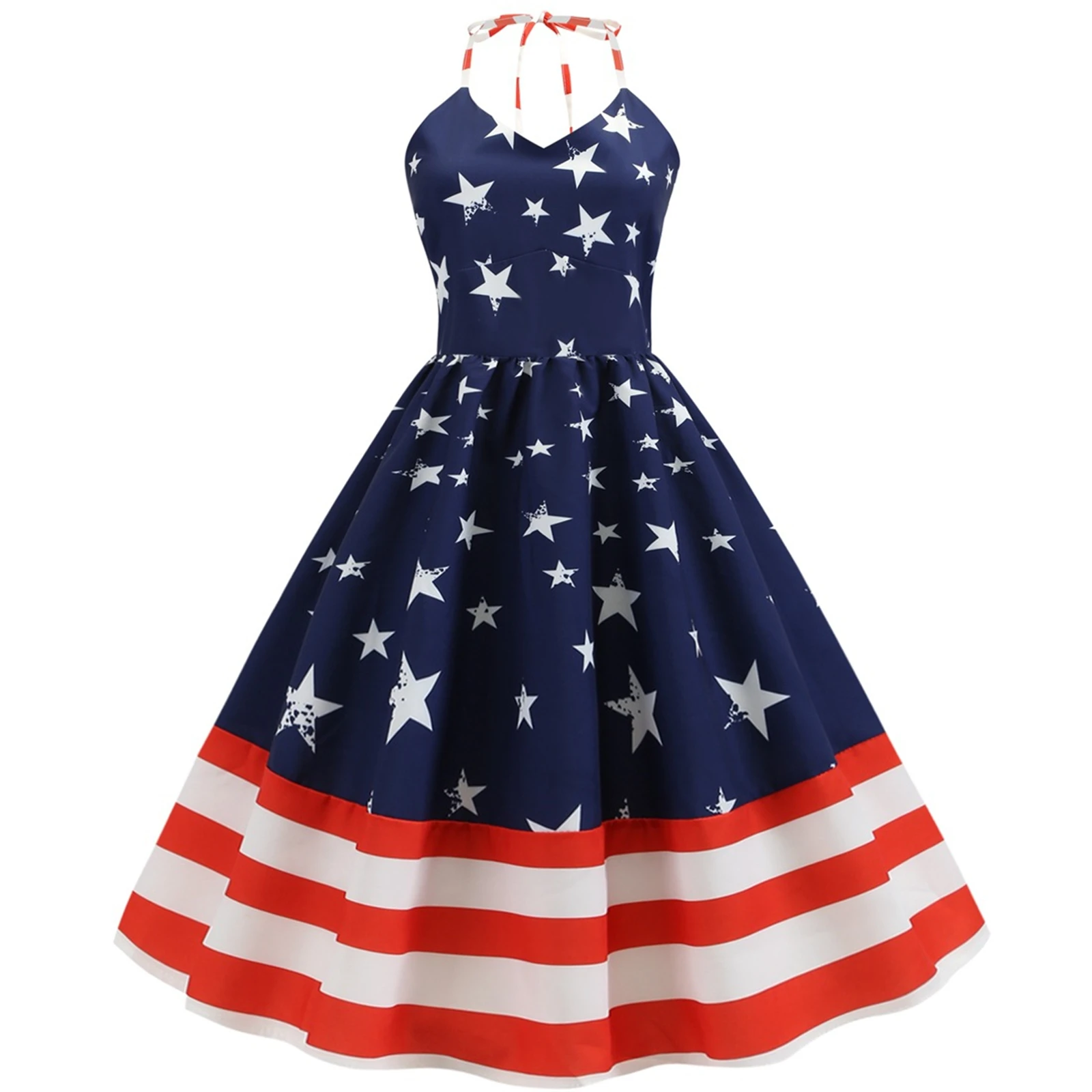 

4th of July Women American Flag Print Dress Independence Day Star Flag Striped Dress Summer Beach Retro Sexy Suspender Dress