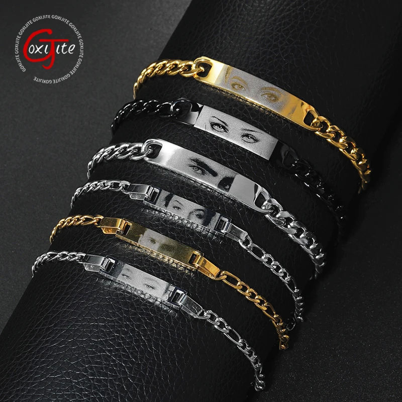 Goxijite Personalized Eyes Photo Bracele For Women Men Stainless Steel Engraved Eye Name Bracelets Creative Jewelry Party Gifts