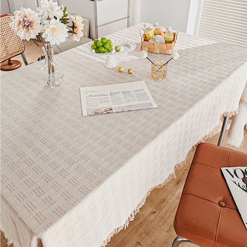 French Striped Knitted Tablecloth Soft Dust-Proof Desk Cover with Tassels Skin-Friendly Textiles for Party Picnic Dinner Decor