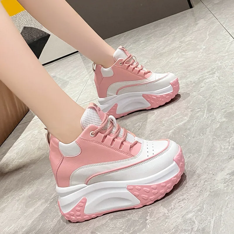 Women Platform Breathable Leather Shoes New Autumn Chunky Sneakers 10CM Wedge Hidden Heels Leisure Sports Casual Dad Shoes Woman image 4