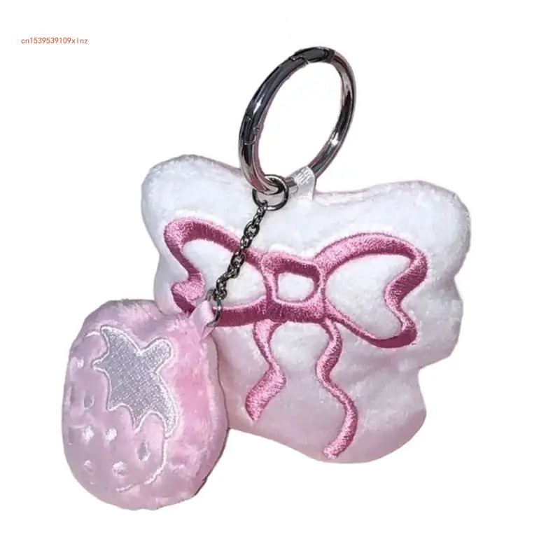 Porte-clés à breloques en peluche avec nœud en forme fraise, joli pendentif suspendu, ornement, décoration à