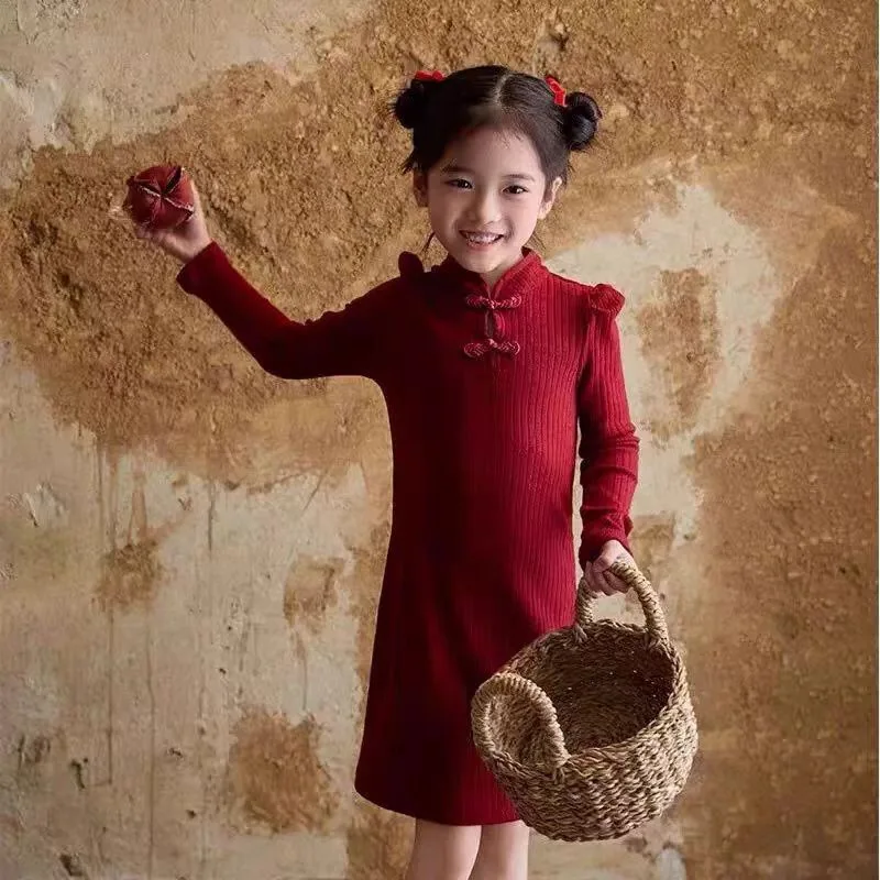 Spring and Autumn Girls' Clothing Dress Baby Western Style Children's Red Buckle New Year Princess Dress