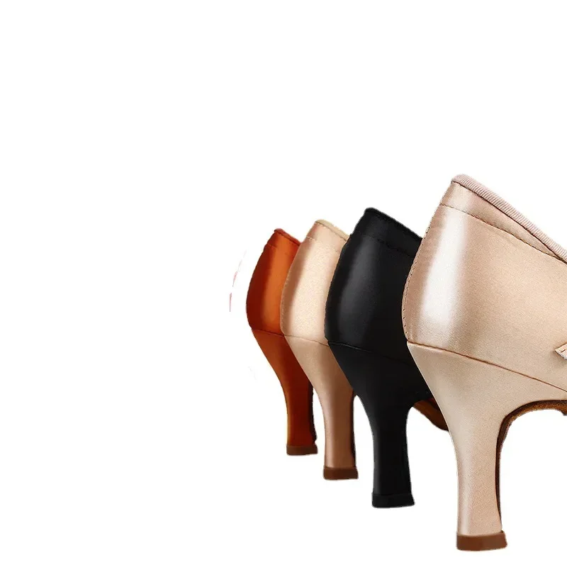 XIHAHA Standard Women Dance Shoes Tan Satin High Low Heel Ladies Ballroom Dancing Soft Outsole Modern Ballet Shoes High Heel - Image 4