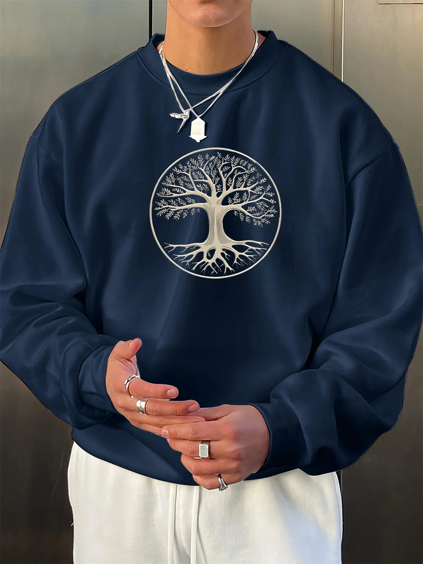 

Мужская осенне-зимняя теплая повседневная свободная модная толстовка с длинными рукавами и круглым вырезом с принтом дерева