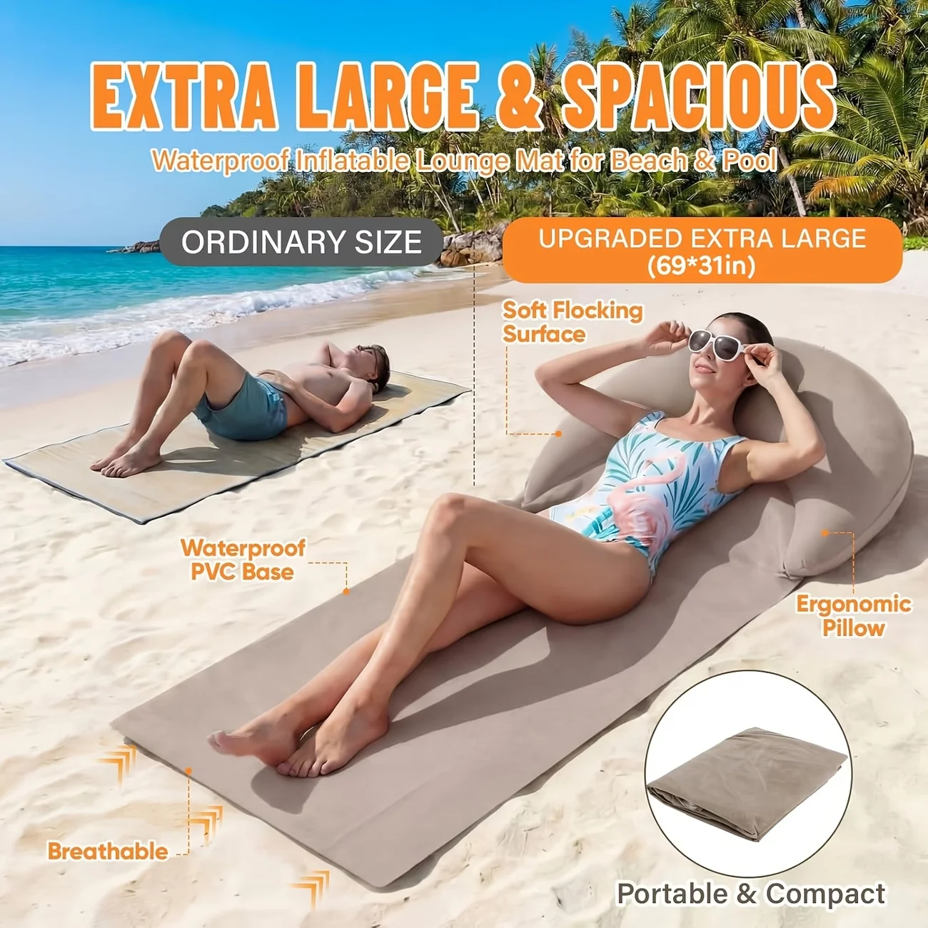 Grey Flocked Inflatable Beach Mat with Built-in Pillow, Portable Foldable Outdoor Lounger. Ergonomic Head Support