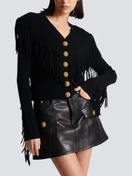 y2k spring and summer metal buckle V-neck short fringe knitwears2024korean fashion Slim thin wool Women's long sleeve top