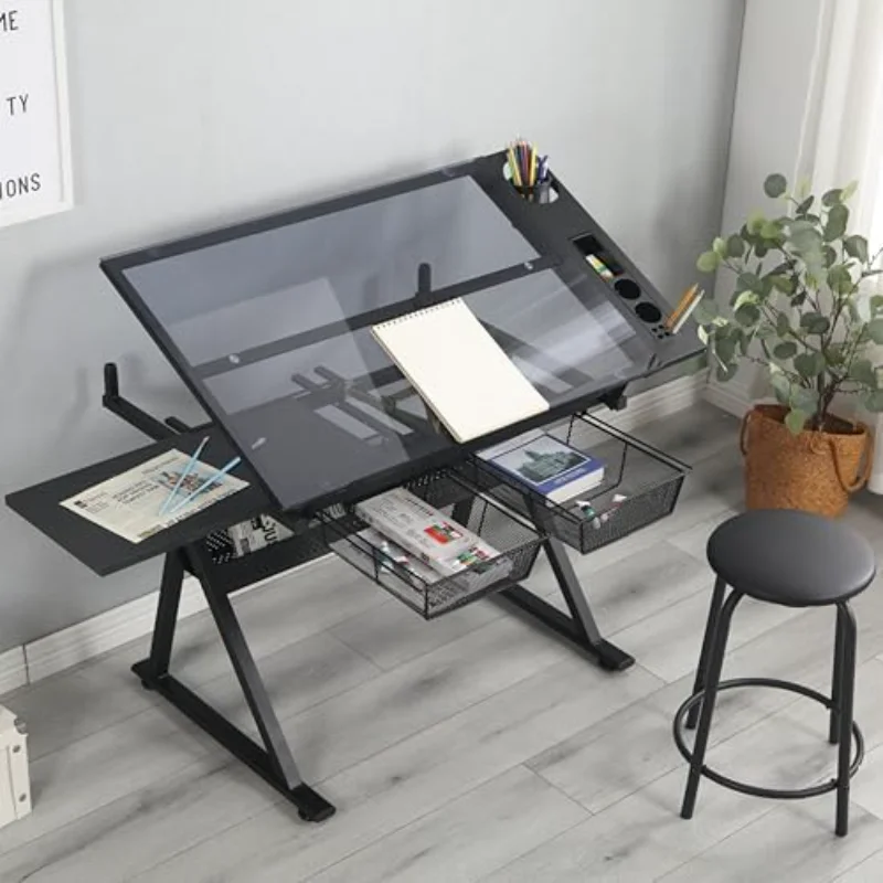Height & Angle Adjustable Drafting Table with Stool, Tempered Glass Art Craft Desk with 2 Metal Storage Drawers