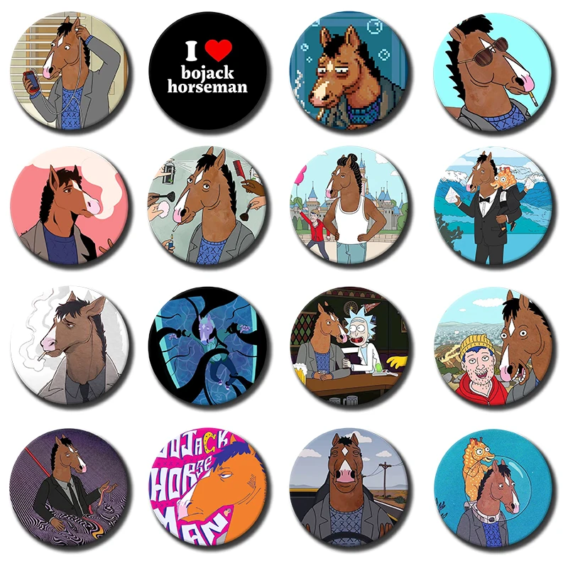 58mm Anime B-BoJack Horseman Badge Exquisite Round Cartoon Brooches Handmade Tinplate Pins for Backpack Accessorys Jewelry Gifts
