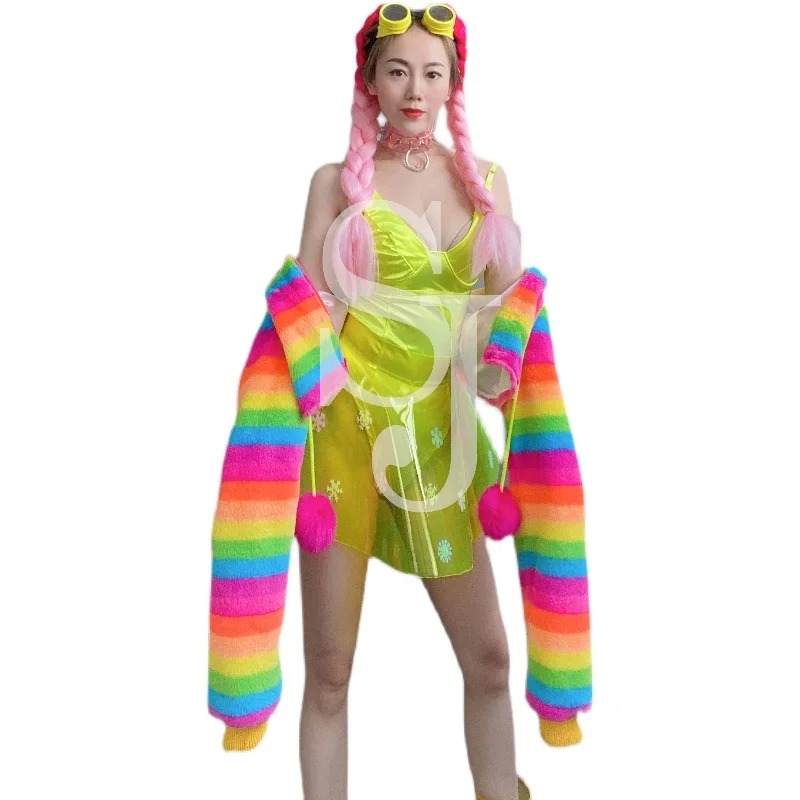 Sexy Women Bar rainbow jacket green transparent skirt suit female gogo show dance team costume