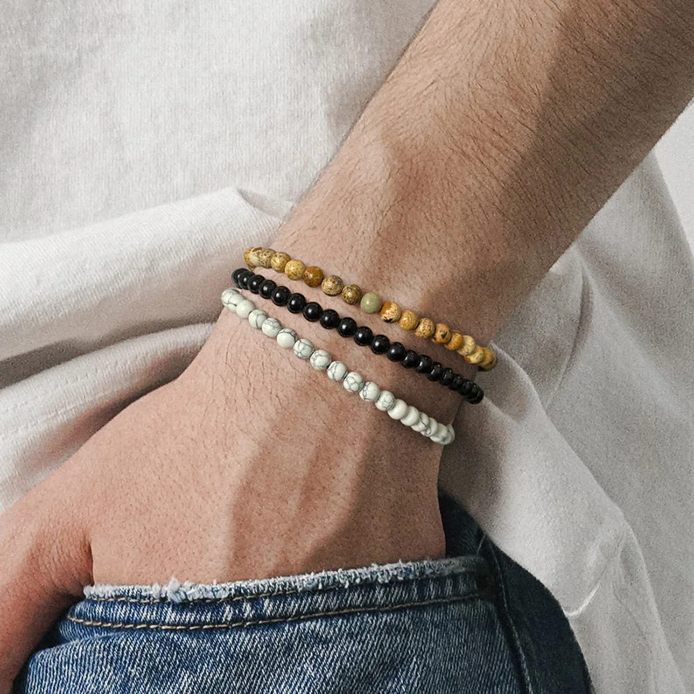 

3pcs Natural Stone Bracelet 4mm Round Agates Turquoises Tiger Eye Quartz Jades Beads Bracelets for Women Men Couples Jewelry