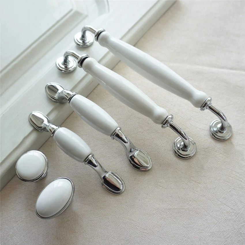 White Ceramic Cabinet Handles Modern Chrome Silver Wardrobe Pulls Round Cupboard Door Knobs Zinc Alloy Furniture Hardware