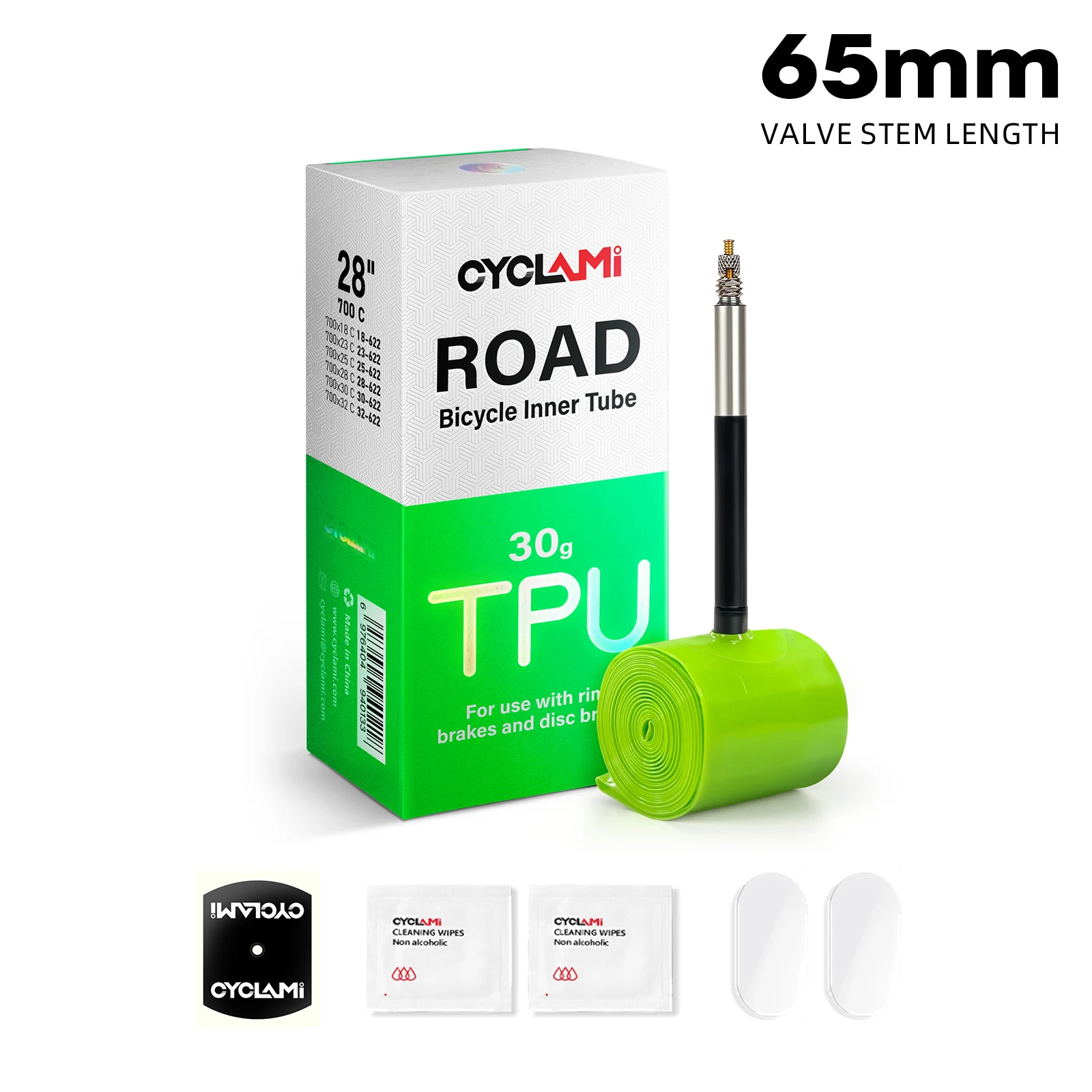 CYCLAMI Fahrradschlauch Französischer Presta FV 45 65 85 Rennrad Ultraleichter Grüner TPU-Reifen 700C 700 x 18 23 25 28 30 32C
