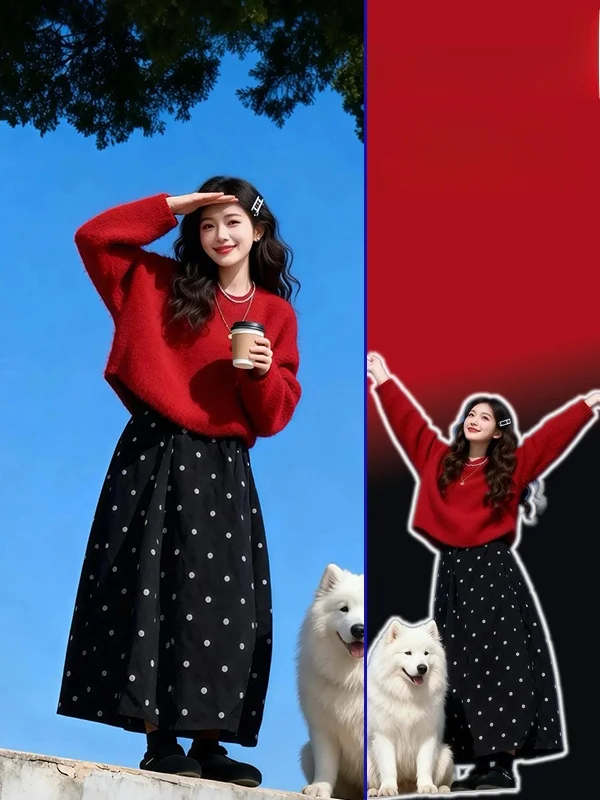 

plus Size Women's Sweet Sle Polka Dot Knitted Skirt And Sweater Two Piece Set Spring New Loose Slimming Faion Ensemble