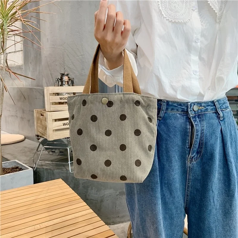 Corduroy Retro Handbag Literary Student Point Checkerboard Lunch Bag Portable Lunch Box Mini Tote Bag Female Bolsas De Almuerzo