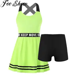 Kids Girls Tennis Dress with Shorts Activewear Sets Children Golf Sleeveless Letters Print Dress Outfit School Sports Dresses