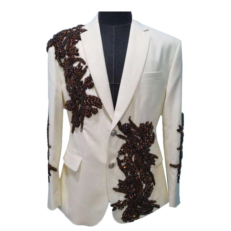 Latest Design Wedding Suit For Men Beading Crystals Embroidered Prom Blazer Pants 2 Piece Sets Groom Wear Tuxedo Attire Slim Fit