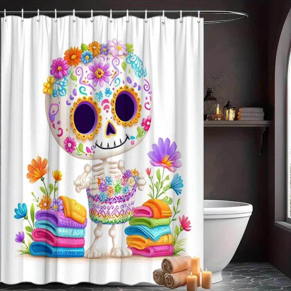 Day of the Dead Shower Curtain Cute Sugar Skull Waterproof Fabric Bathroom Decor Colorful Floral Skeleton Bath Screen With Hooks