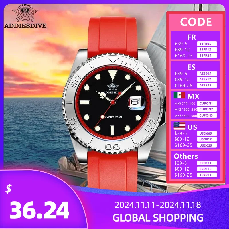 

ADDIESDIVE Quartz Watches TPU Rubber Strap Rotatable Bezel BGW9 Super Luminous Calendar Display 20Bar Waterproof Men's Watch