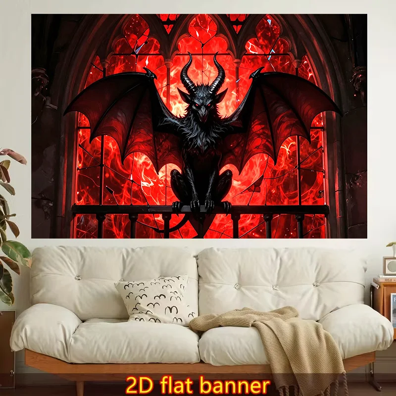 1pc Stylish 2D Flat Printed Wall Tapestry | Red Stained Winged Monster, Gothic Architecture, Polyester, Suitable For Living Room, Bedroom, Office, Home Decoration, Non-Luminous