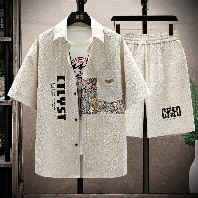 

Комплект рубашек с коротким рукавом 2025 года для мужчин, высококачественные летние модные брендовые повседневные спортивные шорты с принтом, комплект из двух предметов